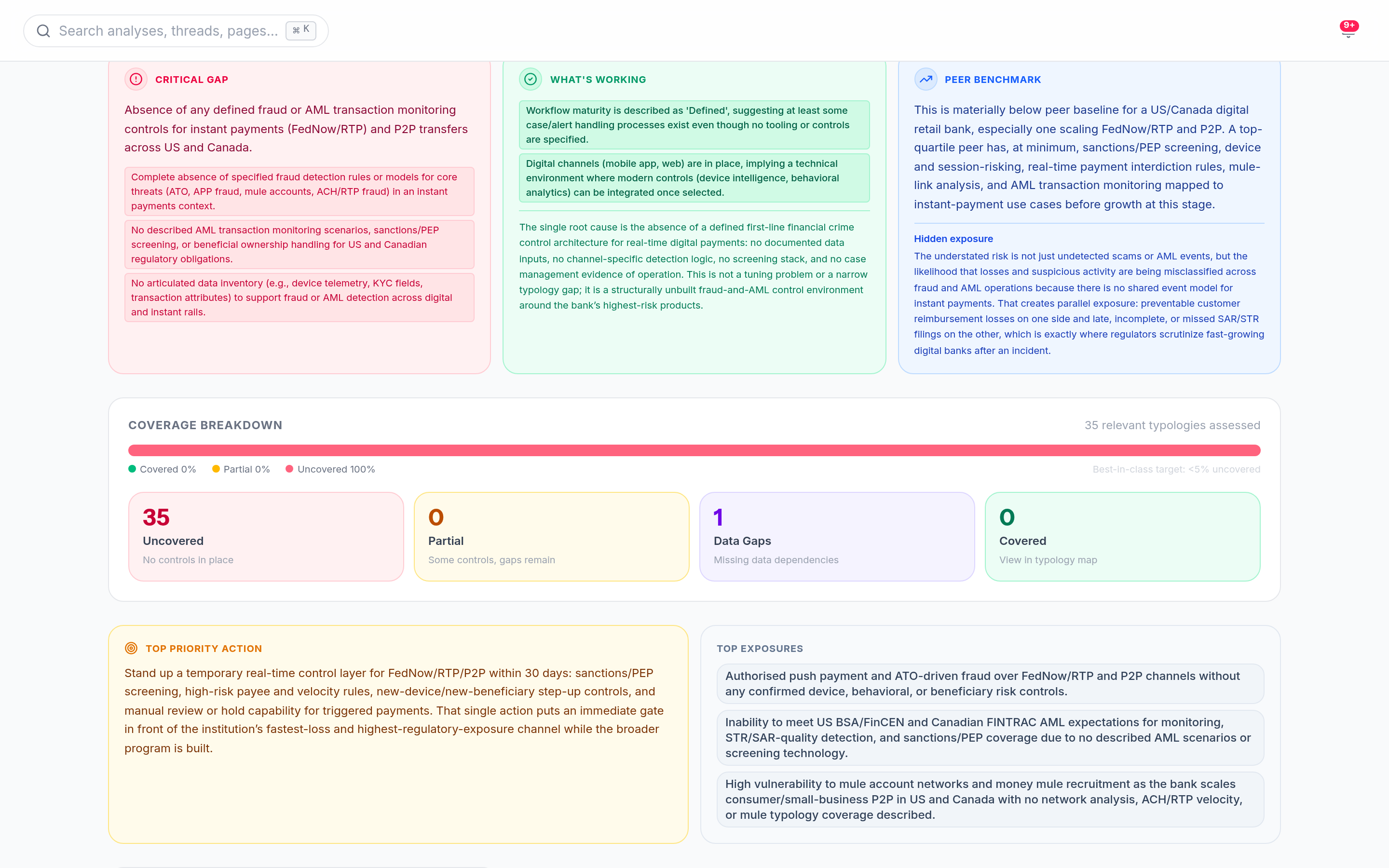 RiskLex Coverage Engine assessment with coverage score and gap analysis