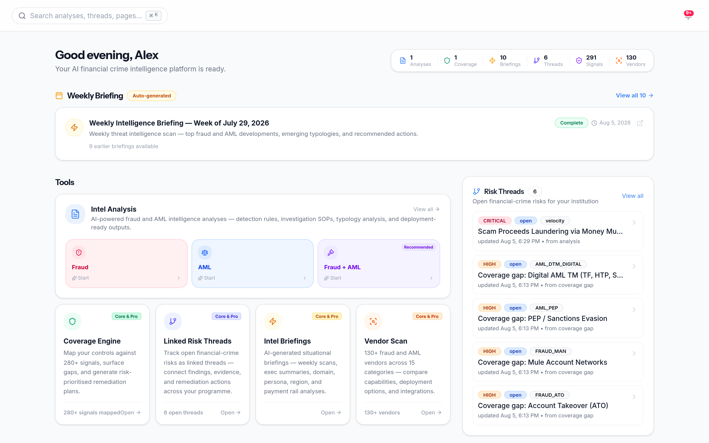 RiskLex dashboard showing intelligence tools, live regulatory alerts, and weekly briefing