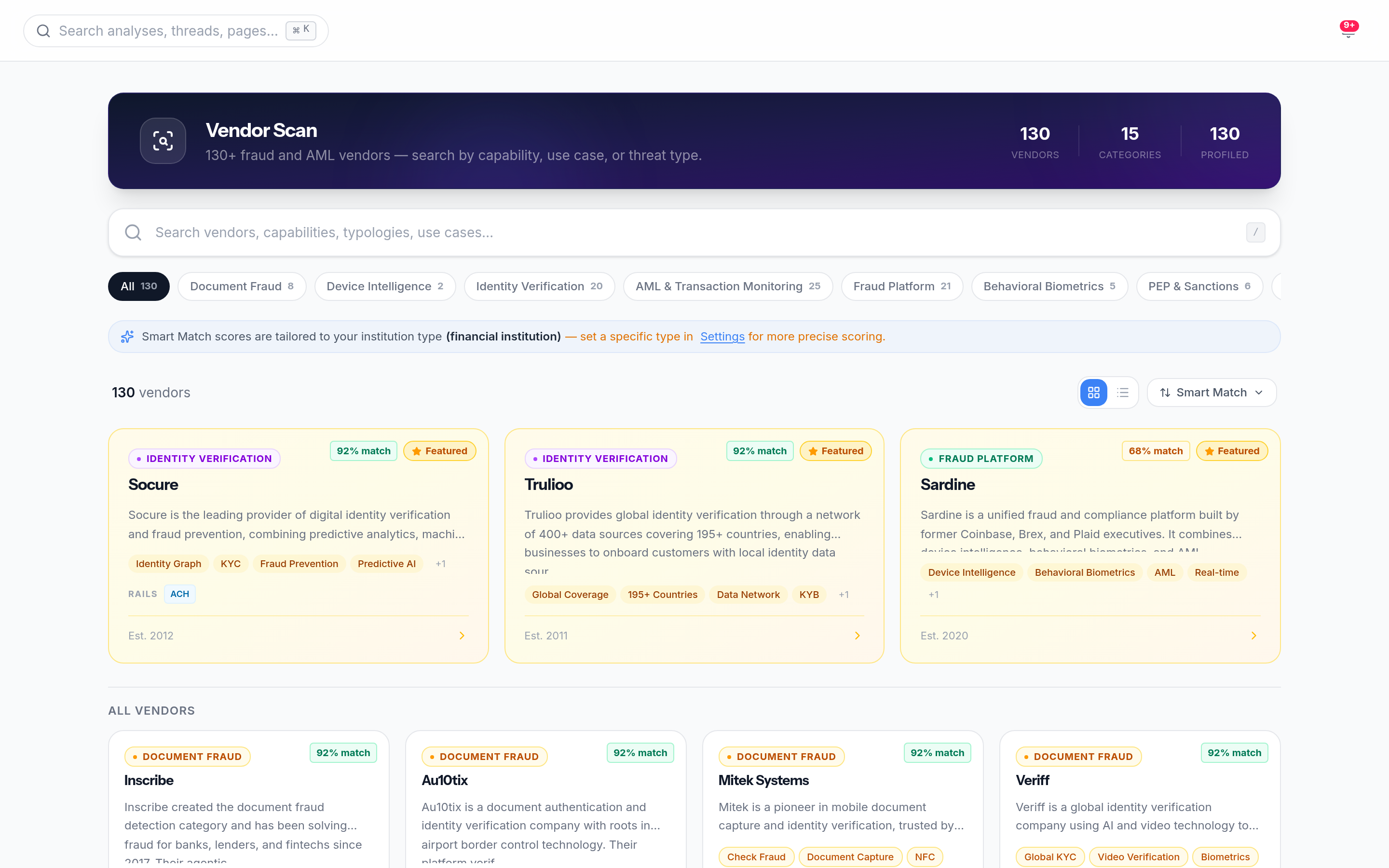 RiskLex Vendor Scan showing vendor cards ranked by Smart Match fit